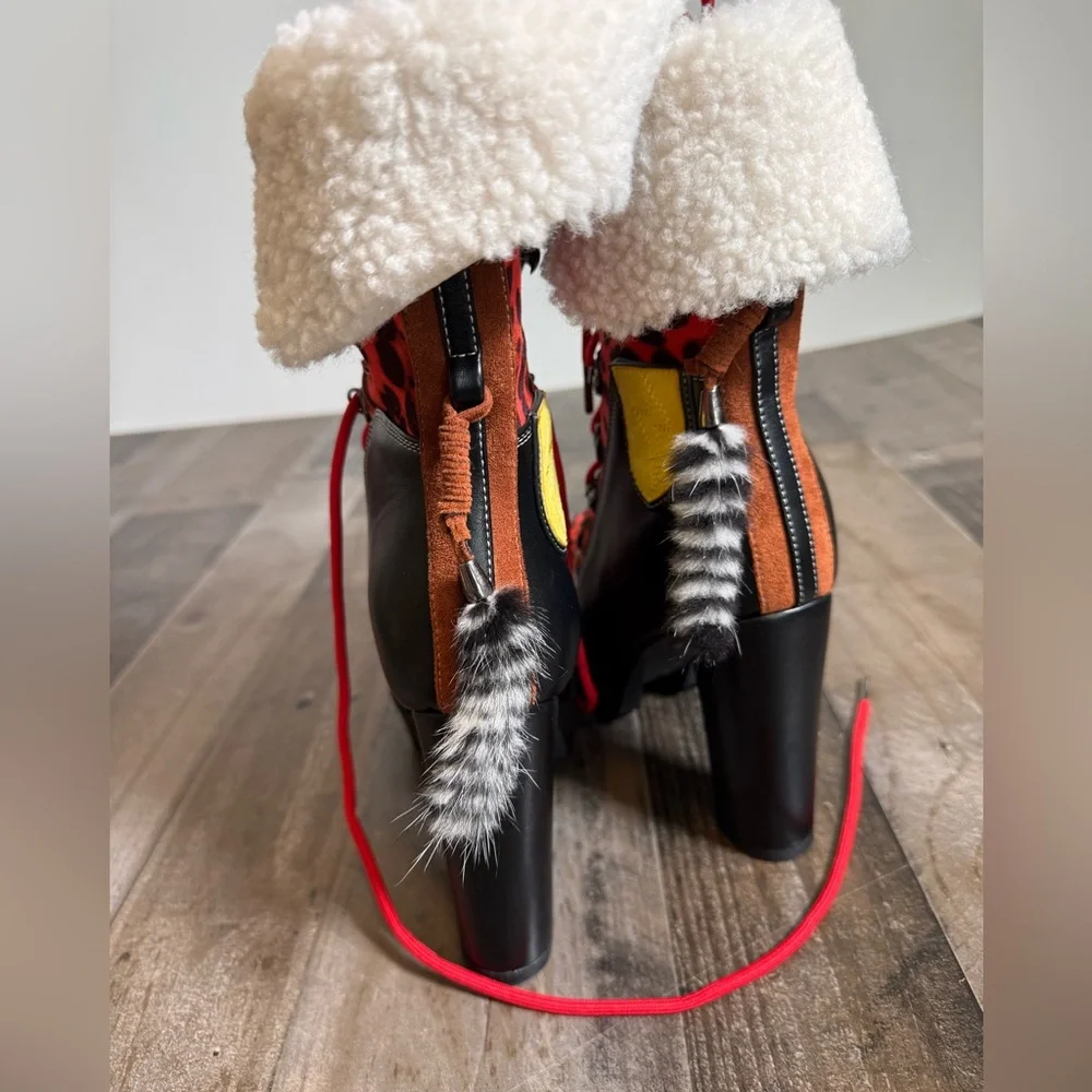 Azalea Wang Trigger Multi Colorblocked Leopard Lace Up Platform Heel Fur Trim 11 - Picture 5 of 9